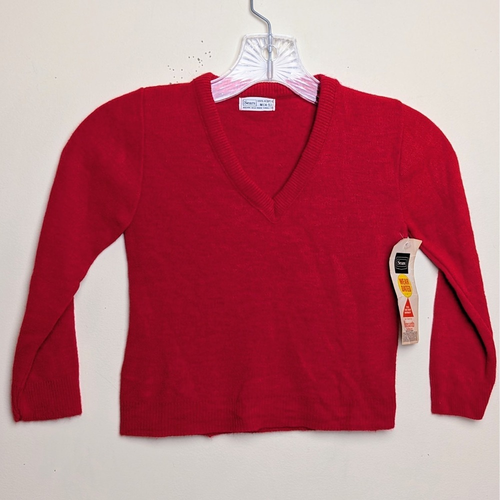 Vintage 70s Sears Monsanto V-Neck Red Sweater Boys 4-5 w/ Tags DS NWT